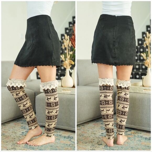 A’reve Brown White Lace Top Leg Warmers Sz M/L - Picture 2 of 4